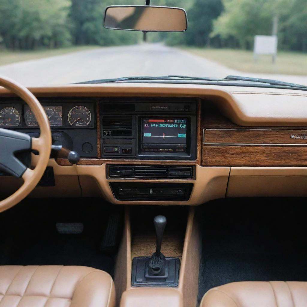 Inside view of a retro-style car's dashboard from the 80s, characterized by digital console and CRT displays that exude a nostalgic charm.