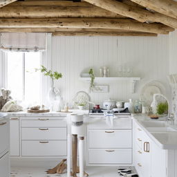 Scandinavian style kitchen, adorned with shabby chic elements; featuring all white palette