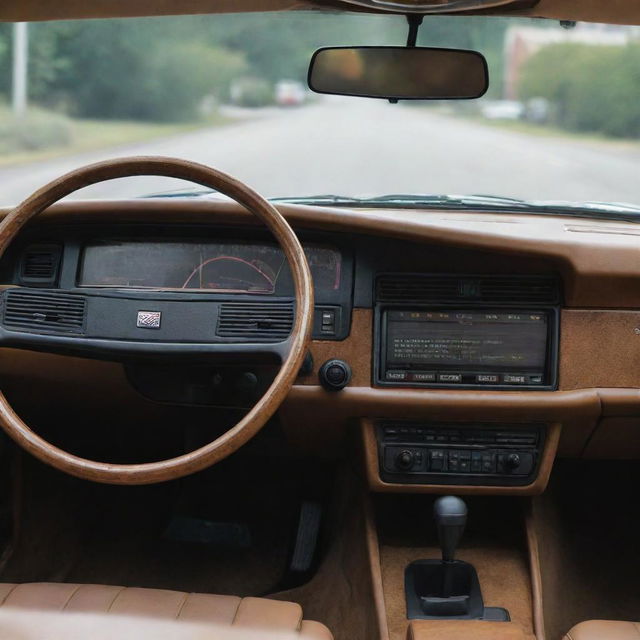 Inside view of a retro-style car's dashboard from the 80s, characterized by digital console and CRT displays that exude a nostalgic charm.