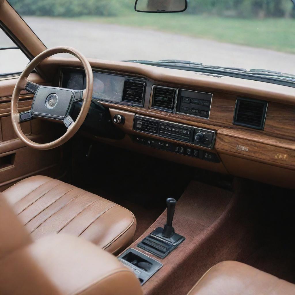 Inside view of a retro-style car's dashboard from the 80s, characterized by digital console and CRT displays that exude a nostalgic charm.
