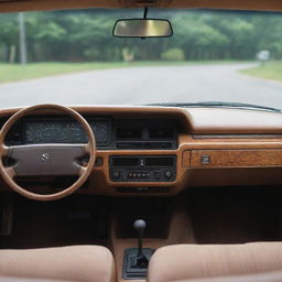 Inside view of a retro-style car's dashboard from the 80s, characterized by digital console and CRT displays that exude a nostalgic charm.