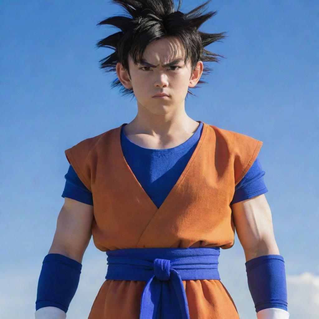 Teen Gohan from the anime series Dragon Ball Z looking determined, wearing his traditional orange and blue outfit and standing under a brightly lit sky.