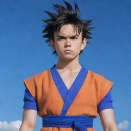 Teen Gohan from the anime series Dragon Ball Z looking determined, wearing his traditional orange and blue outfit and standing under a brightly lit sky.