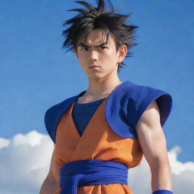 Teen Gohan from the anime series Dragon Ball Z looking determined, wearing his traditional orange and blue outfit and standing under a brightly lit sky.