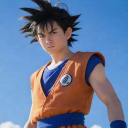 Teen Gohan from the anime series Dragon Ball Z looking determined, wearing his traditional orange and blue outfit and standing under a brightly lit sky.