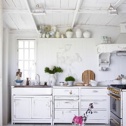 Scandinavian style kitchen, adorned with shabby chic elements; featuring all white palette