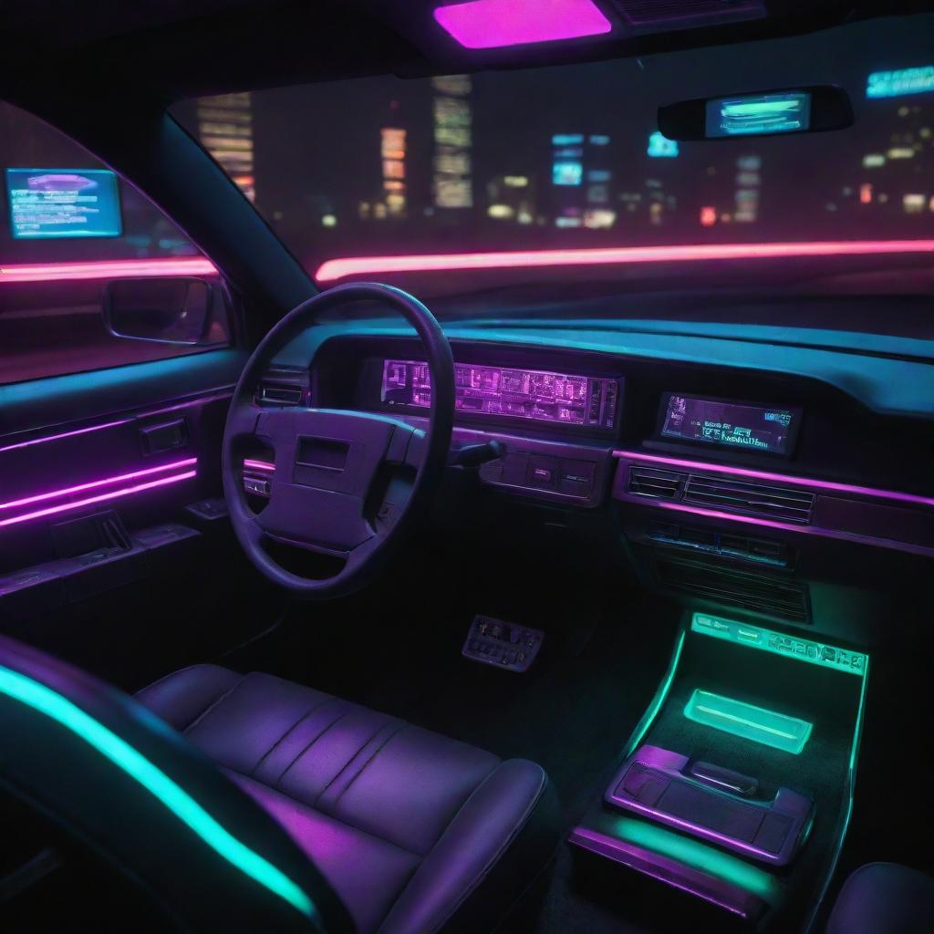 Retro-themed 80s style car interior with a cyberpunk twist, spotlighting a dashboard equipped with CRT displays, neon lighting, and futuristic design elements.