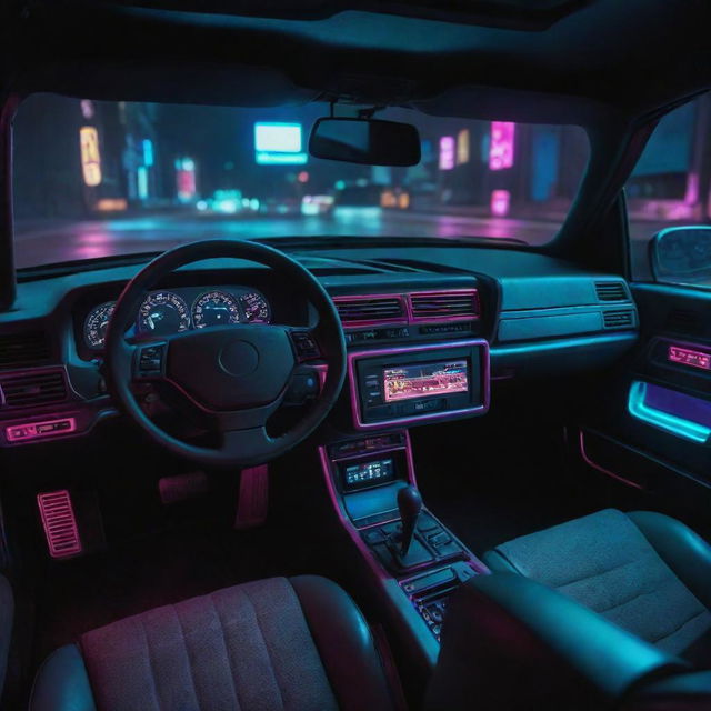 Retro-themed 80s style car interior with a cyberpunk twist, spotlighting a dashboard equipped with CRT displays, neon lighting, and futuristic design elements.