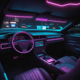 Retro-themed 80s style car interior with a cyberpunk twist, spotlighting a dashboard equipped with CRT displays, neon lighting, and futuristic design elements.