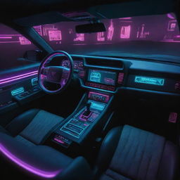 Retro-themed 80s style car interior with a cyberpunk twist, spotlighting a dashboard equipped with CRT displays, neon lighting, and futuristic design elements.