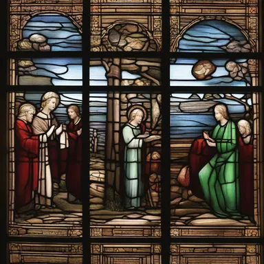 The stained glass windows in the church were designed to depict scenes from the hymn of creation.