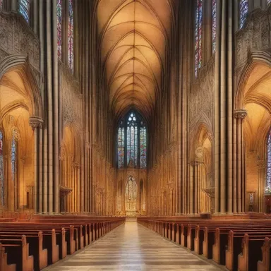 The grand cathedral features towering ceilings and ornate stained glass windows, providing a perfect setting to hymn the magnificence of its architectural design.