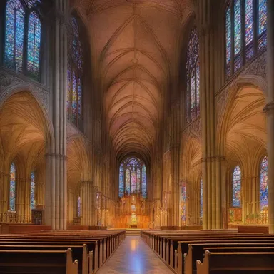 The grand cathedral features towering ceilings and ornate stained glass windows, providing a perfect setting to hymn the magnificence of its architectural design.
