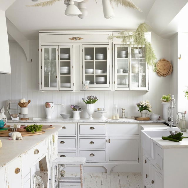 Scandinavian style kitchen, adorned with shabby chic elements; featuring all white palette