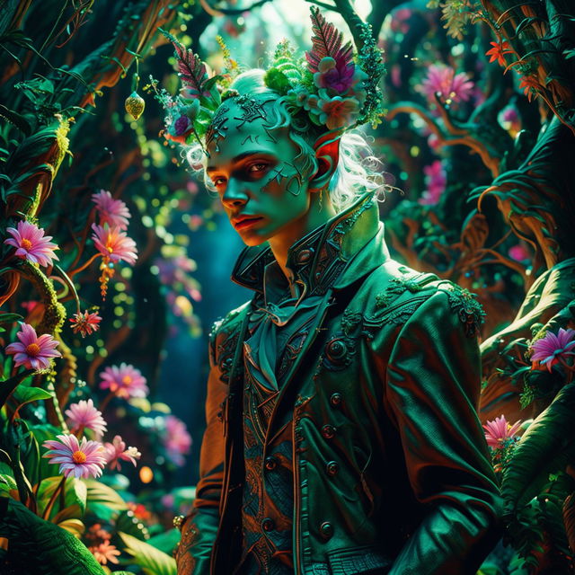 A hyper-realistic 3D Rococo Cyberpunk Elf stands in a mystical forest, bathed in ethereal light filtering through the trees. His attire blends old-world elegance with futuristic edge, adorned with neon accents and high-tech accessories. The forest is vibrant with exotic flowers, creating a whimsical and futuristic aesthetic.