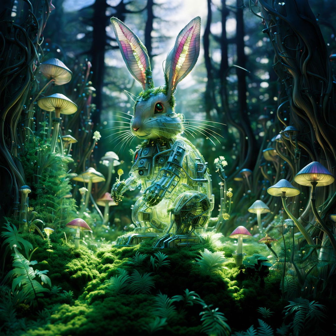 A futuristic techno-organic rabbit with a translucent glass body revealing an internal network of plants and machinery. Its fur is bioluminescent moss and ferns, its eyes are glowing fungi, its ears are metallic sheets with circuitry patterns, its legs show mechanical joints and pistons, and its tail is a fusion of metallic wires and flowering vines.