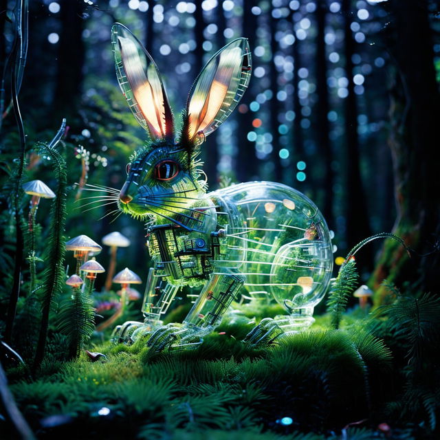 A futuristic techno-organic rabbit with a translucent glass body revealing an internal network of plants and machinery. Its fur is bioluminescent moss and ferns, its eyes are glowing fungi, its ears are metallic sheets with circuitry patterns, its legs show mechanical joints and pistons, and its tail is a fusion of metallic wires and flowering vines. The image is an unfiltered photograph.