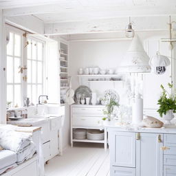 Scandinavian style kitchen, adorned with shabby chic elements; featuring all white palette