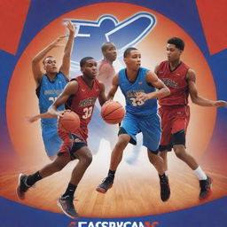 A vibrant and energetic basketball poster featuring dynamic players in action and an academy's logo prominently displayed, creating a sense of anticipation and excitement.