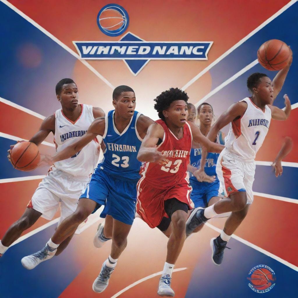 A vibrant and energetic basketball poster featuring dynamic players in action and an academy's logo prominently displayed, creating a sense of anticipation and excitement.