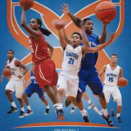 A vibrant and energetic basketball poster featuring dynamic players in action and an academy's logo prominently displayed, creating a sense of anticipation and excitement.