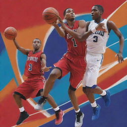 A vibrant and energetic basketball poster featuring dynamic players in action and an academy's logo prominently displayed, creating a sense of anticipation and excitement.