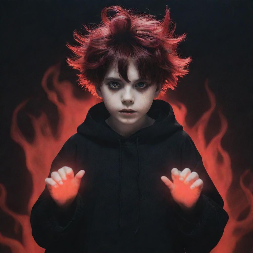 An incredibly cool and cute boy exuding a ghostly horror aesthetic. He wields black and red magical superpowers in his hands, complemented by his rad hair and mesmerizing eyes. A spectral ghost serves as the chilling backdrop.