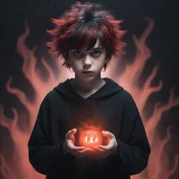 An incredibly cool and cute boy exuding a ghostly horror aesthetic. He wields black and red magical superpowers in his hands, complemented by his rad hair and mesmerizing eyes. A spectral ghost serves as the chilling backdrop.