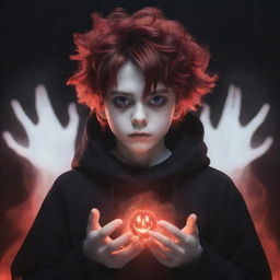 An incredibly cool and cute boy exuding a ghostly horror aesthetic. He wields black and red magical superpowers in his hands, complemented by his rad hair and mesmerizing eyes. A spectral ghost serves as the chilling backdrop.