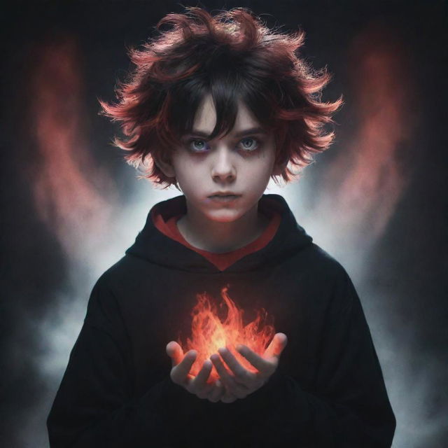 An incredibly cool and cute boy exuding a ghostly horror aesthetic. He wields black and red magical superpowers in his hands, complemented by his rad hair and mesmerizing eyes. A spectral ghost serves as the chilling backdrop.