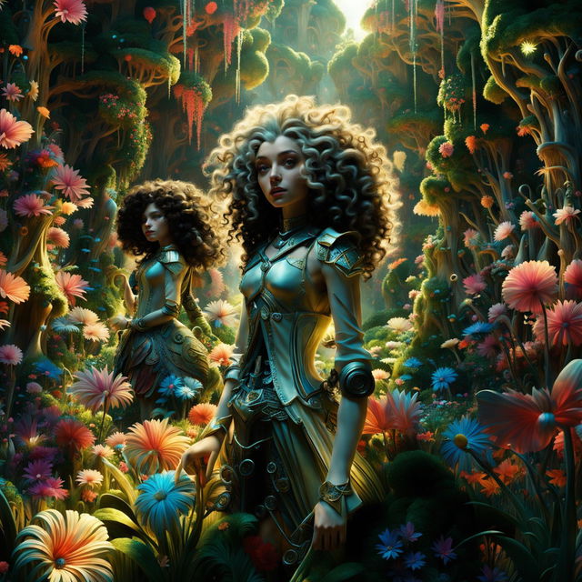 Hyper-realistic 3D image of a curly-haired elf tribe in Rococo-cyberpunk attire in a mystical forest with sunlight filtering through trees and a vibrant flower aesthetic.