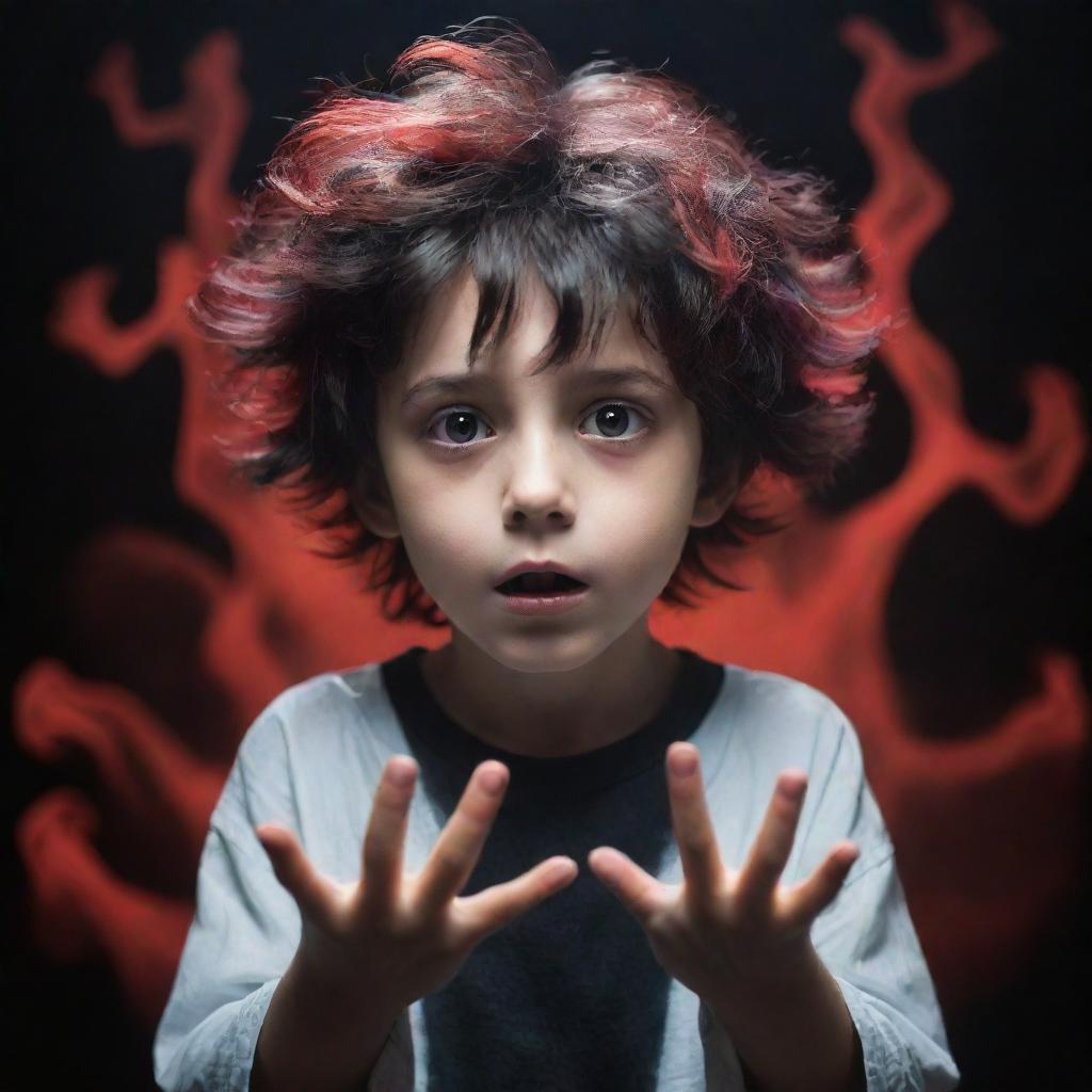 An irresistibly cute boy imbued with a ghostly horror atmosphere, exhibiting black and red magical superpowers emanating from his hands. His rad hair and captivating eyes enhance his allure, with a spectral ghost creating an eerie backdrop.