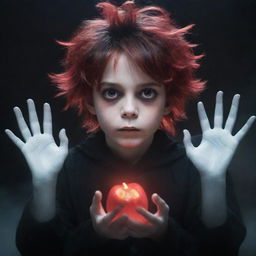 An irresistibly cute boy imbued with a ghostly horror atmosphere, exhibiting black and red magical superpowers emanating from his hands. His rad hair and captivating eyes enhance his allure, with a spectral ghost creating an eerie backdrop.