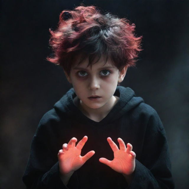 An irresistibly cute boy imbued with a ghostly horror atmosphere, exhibiting black and red magical superpowers emanating from his hands. His rad hair and captivating eyes enhance his allure, with a spectral ghost creating an eerie backdrop.