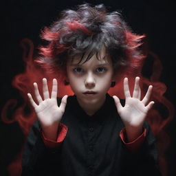 An irresistibly cute boy imbued with a ghostly horror atmosphere, exhibiting black and red magical superpowers emanating from his hands. His rad hair and captivating eyes enhance his allure, with a spectral ghost creating an eerie backdrop.