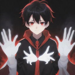 An irresistibly cute anime boy with a ghostly horror vibe. His hands radiate black and red magical superpowers, while his rad hair and fascinating eyes captivate. A ghostly presence dwells in the background.