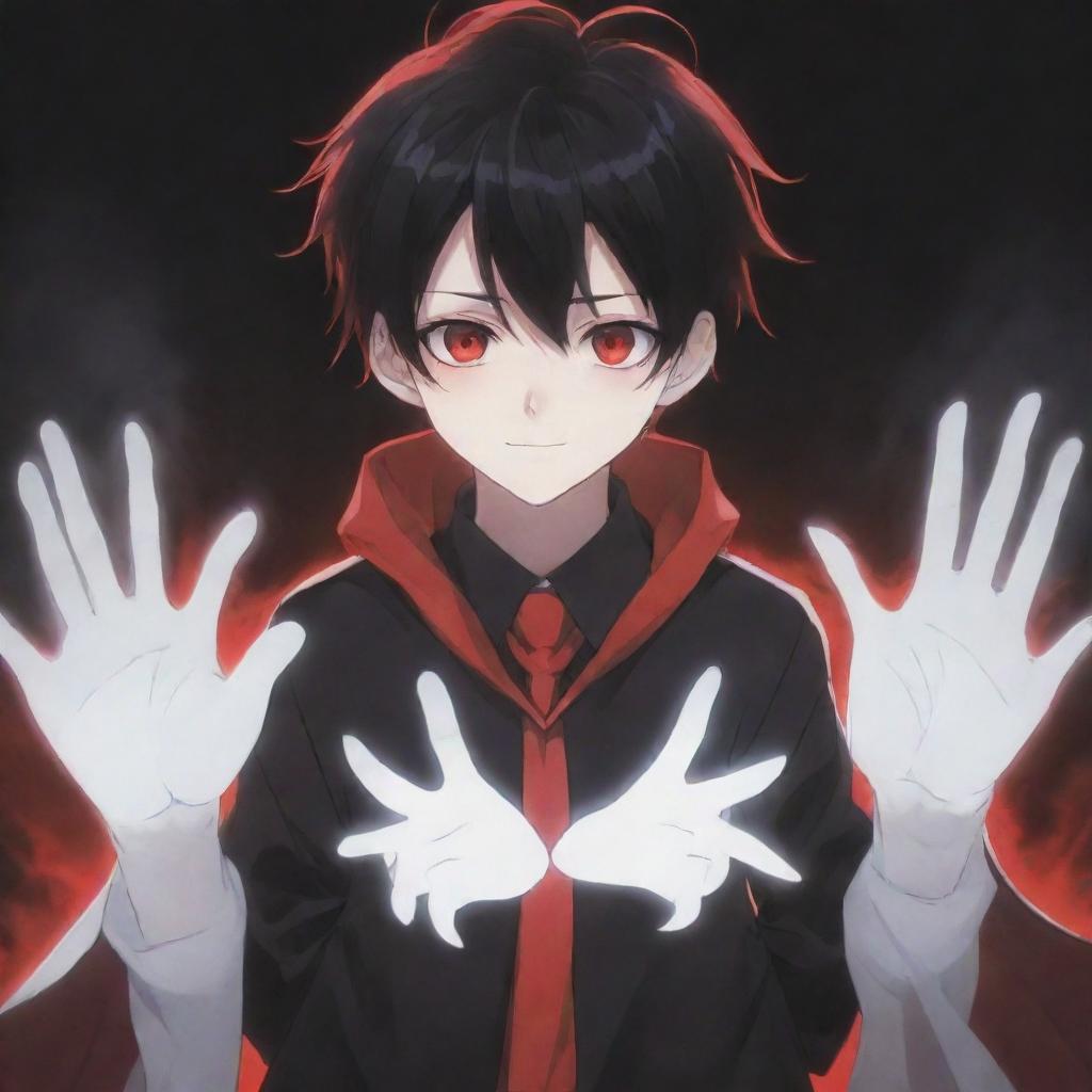 An irresistibly cute anime boy with a ghostly horror vibe. His hands radiate black and red magical superpowers, while his rad hair and fascinating eyes captivate. A ghostly presence dwells in the background.