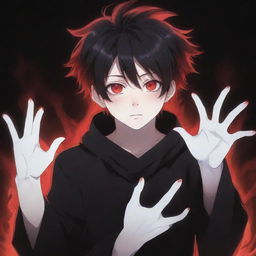 An irresistibly cute anime boy with a ghostly horror vibe. His hands radiate black and red magical superpowers, while his rad hair and fascinating eyes captivate. A ghostly presence dwells in the background.