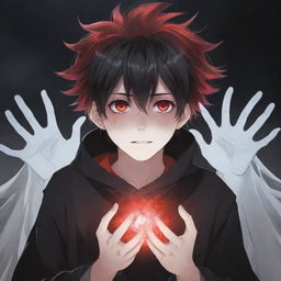 An irresistibly cute anime boy with a ghostly horror vibe. His hands radiate black and red magical superpowers, while his rad hair and fascinating eyes captivate. A ghostly presence dwells in the background.