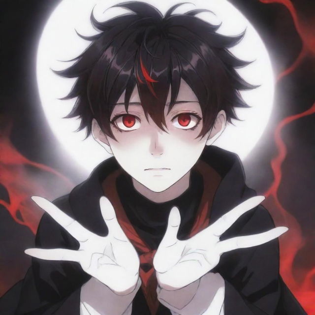 An irresistibly cute anime boy with a ghostly horror vibe. His hands radiate black and red magical superpowers, while his rad hair and fascinating eyes captivate. A ghostly presence dwells in the background.