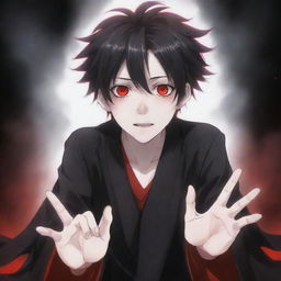 An adorable anime boy with a terrifyingly beautiful ghostly horror aspect. His hands generate black and red magical superpowers, with his cool hair and striking eyes adding allure. The presence of an eerie ghost lingers in the background.