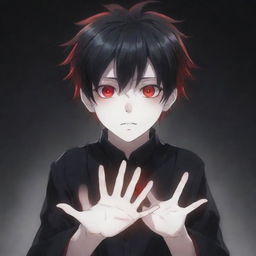 An adorable anime boy with a terrifyingly beautiful ghostly horror aspect. His hands generate black and red magical superpowers, with his cool hair and striking eyes adding allure. The presence of an eerie ghost lingers in the background.