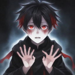 An adorable anime boy with a terrifyingly beautiful ghostly horror aspect. His hands generate black and red magical superpowers, with his cool hair and striking eyes adding allure. The presence of an eerie ghost lingers in the background.