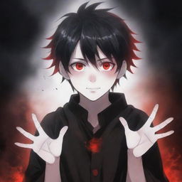 An adorable anime boy with a terrifyingly beautiful ghostly horror aspect. His hands generate black and red magical superpowers, with his cool hair and striking eyes adding allure. The presence of an eerie ghost lingers in the background.