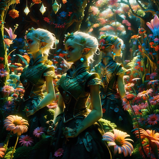 Hyper-realistic 3D image of a large tribe of short-haired, untamed elves in Rococo-cyberpunk attire in a mystical forest with sunlight filtering through trees and a vibrant flower aesthetic.