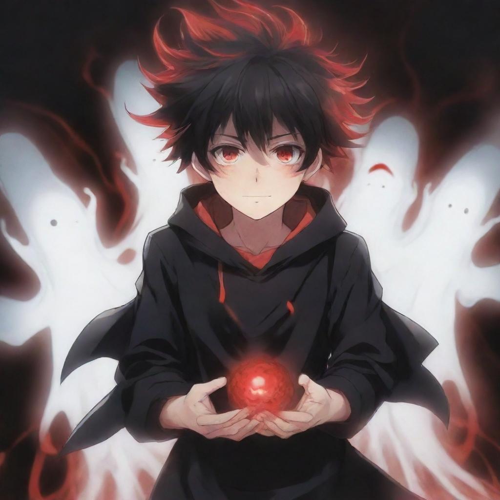 An adorable anime boy encapsulated in a ghostly horror aura. He wields striking black and red superpowers in his hands, complemented by his rad hair and intriguing eyes. A terrifying ghost looms mysteriously in the backdrop.