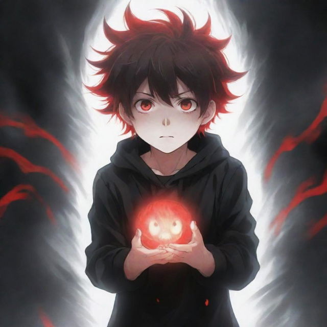 An adorable anime boy encapsulated in a ghostly horror aura. He wields striking black and red superpowers in his hands, complemented by his rad hair and intriguing eyes. A terrifying ghost looms mysteriously in the backdrop.