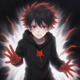 An adorable anime boy encapsulated in a ghostly horror aura. He wields striking black and red superpowers in his hands, complemented by his rad hair and intriguing eyes. A terrifying ghost looms mysteriously in the backdrop.