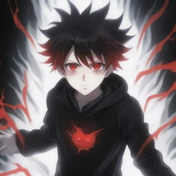 An adorable anime boy encapsulated in a ghostly horror aura. He wields striking black and red superpowers in his hands, complemented by his rad hair and intriguing eyes. A terrifying ghost looms mysteriously in the backdrop.