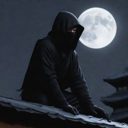 A nimble ninja shrouded in black, perched on a rooftop under the stealthy veil of the moonlit night.